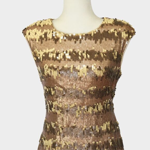 ADRIANNA PAPELL Women's Gold Sequin Cap Sleeve Sheath Dress Size 6 - Picture 4 of 9